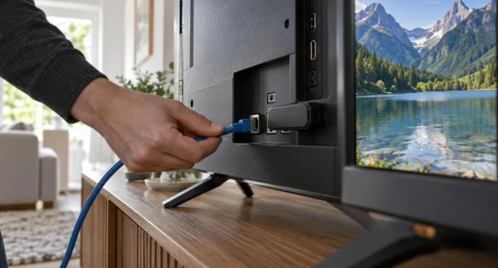 Install IPTV on a Smart TV: streaming stick in the HDMI port and an Ethernet cable for a stable 4K connection