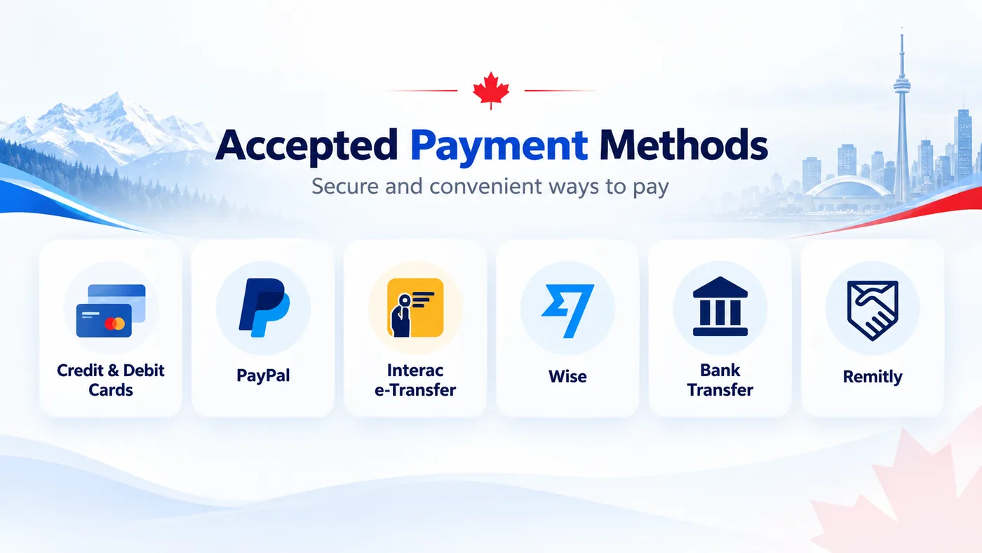 Accepted payment methods for IPTV Canada: credit and debit cards, PayPal, Interac e-Transfer, Wise, bank transfer, Remitly