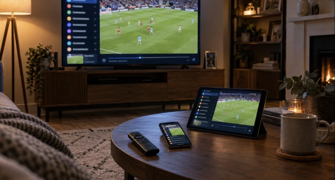 The same IPTV player showing live football on a TV, tablet and phone in a living room