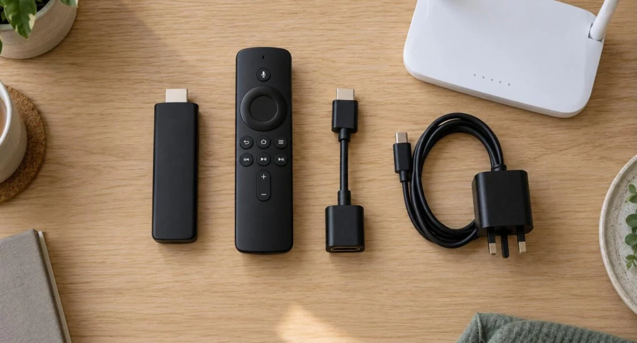 IPTV on Firestick kit: streaming stick, voice remote, HDMI extender, USB power cable and Wi-Fi router