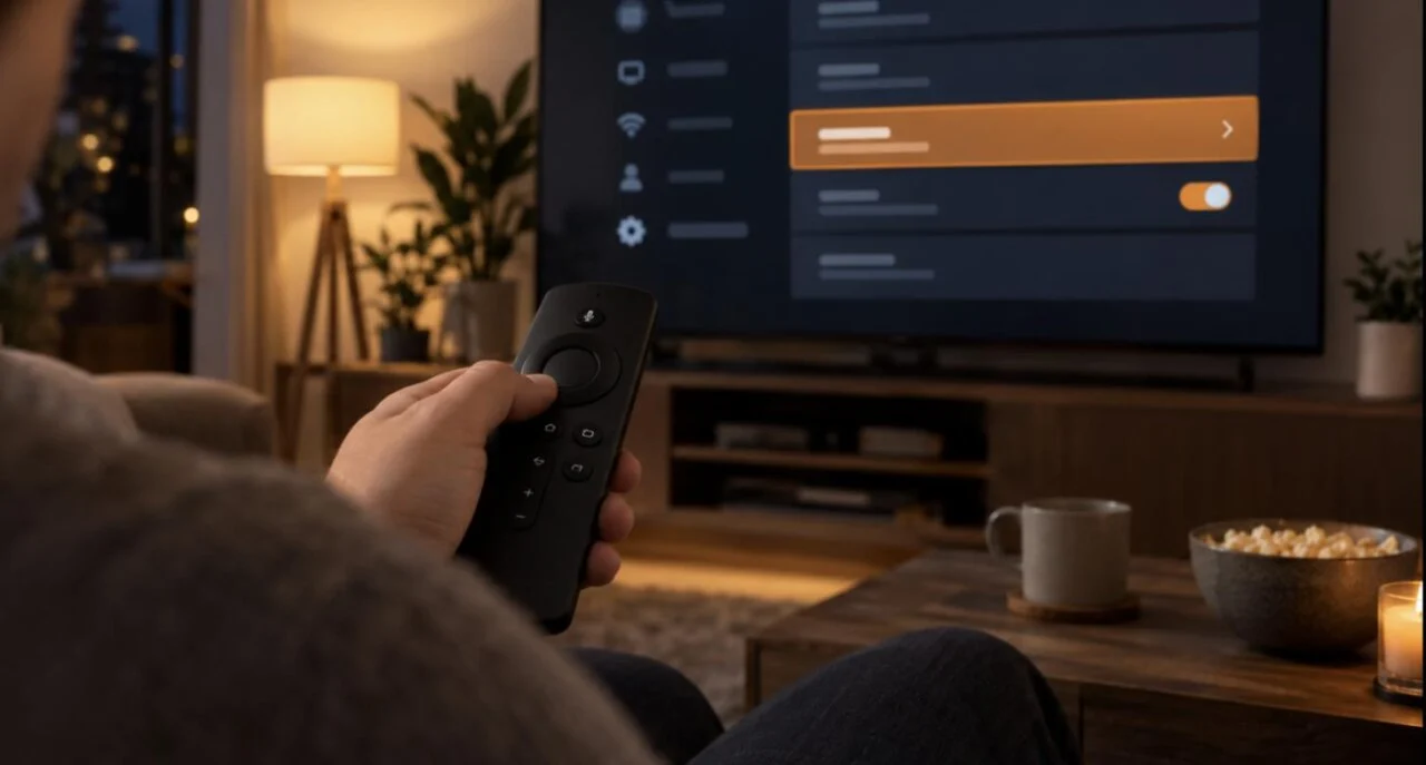 Hand holding a Firestick remote pointing at a TV settings menu with a toggle switched on