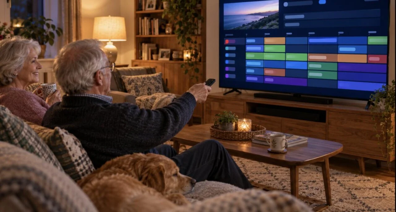 Couple using the IBO Player Pro program guide on a Smart TV in the evening