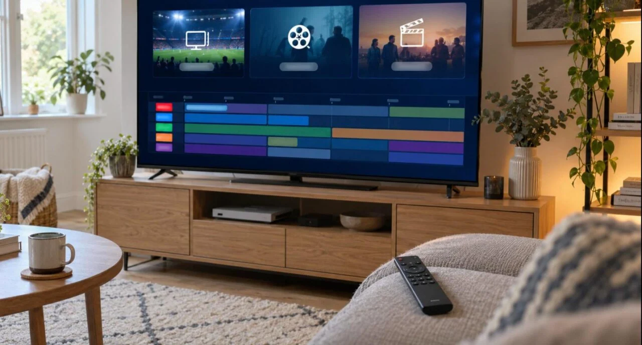 IBO Player Pro home screen on a Smart TV with live TV, movies and series tiles and a programme guide
