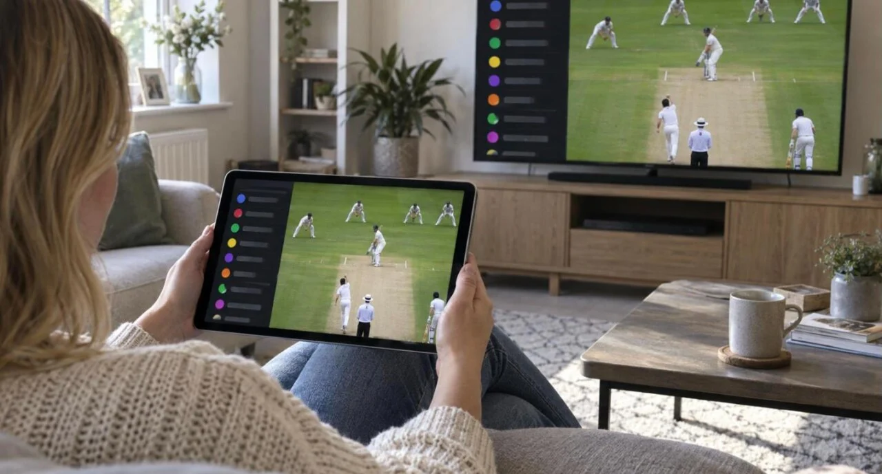 IPTV app on an iPad showing a channel list and live cricket, mirrored on the living-room TV