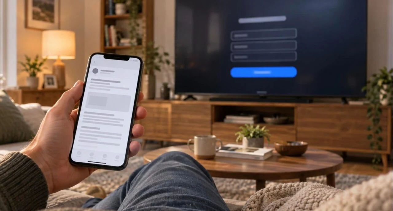 TV showing an IPTV app login screen while a person checks the activation email on a phone
