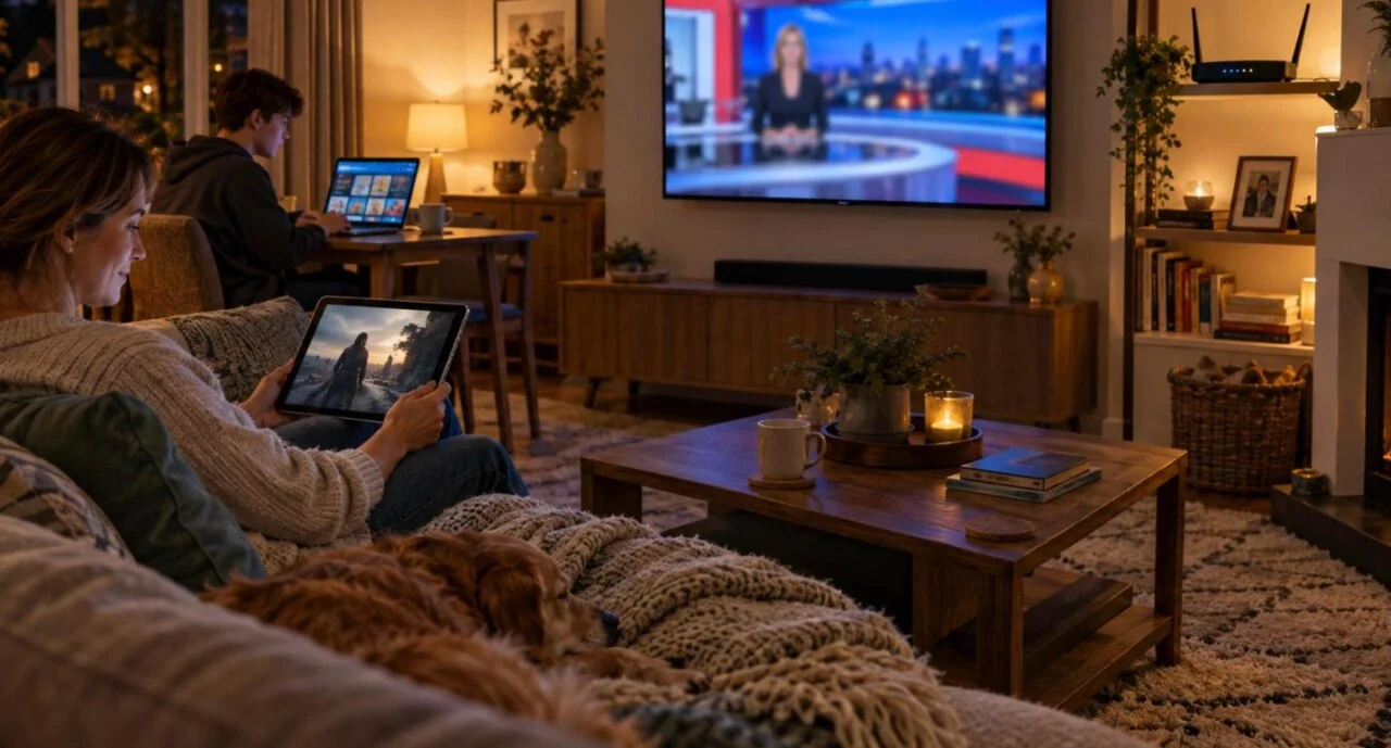 IPTV Toronto on a wall TV, tablet and laptop at the same time in a condo living room