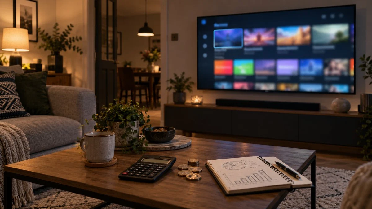 IPTV cost UK: living room TV with a budget notebook, calculator and pound coins