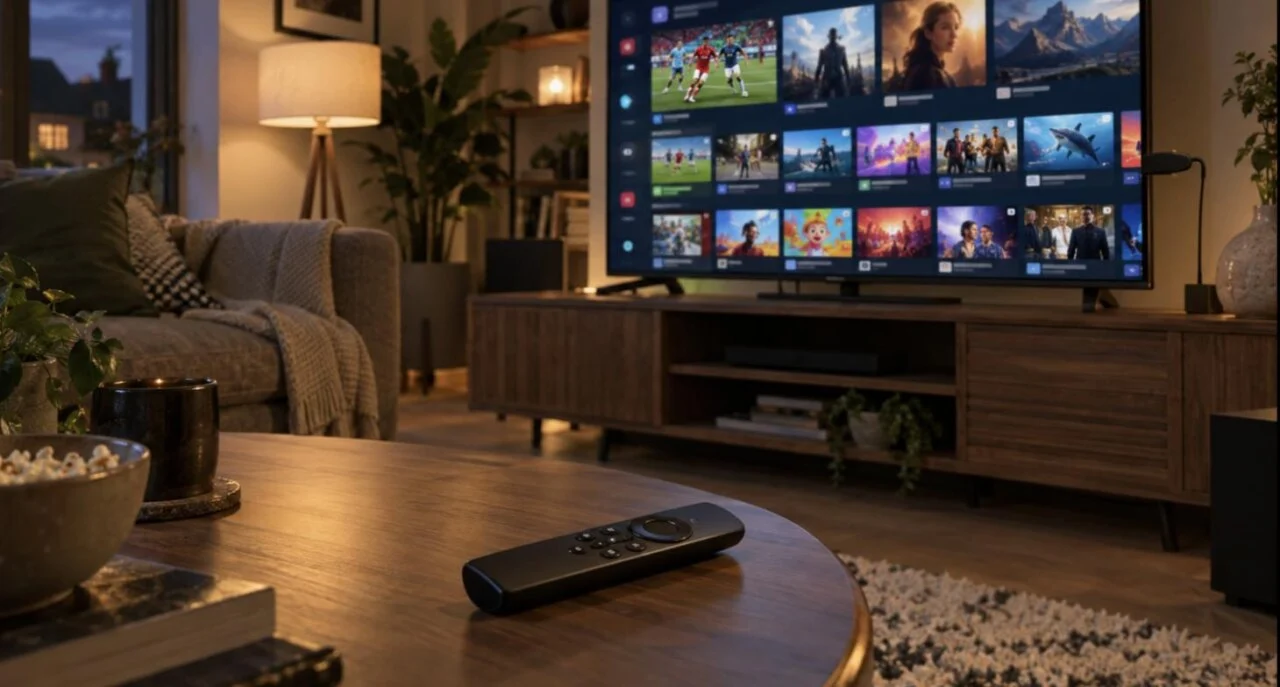 IPTV on Firestick in Canada: remote on a coffee table in front of a TV showing a channel guide