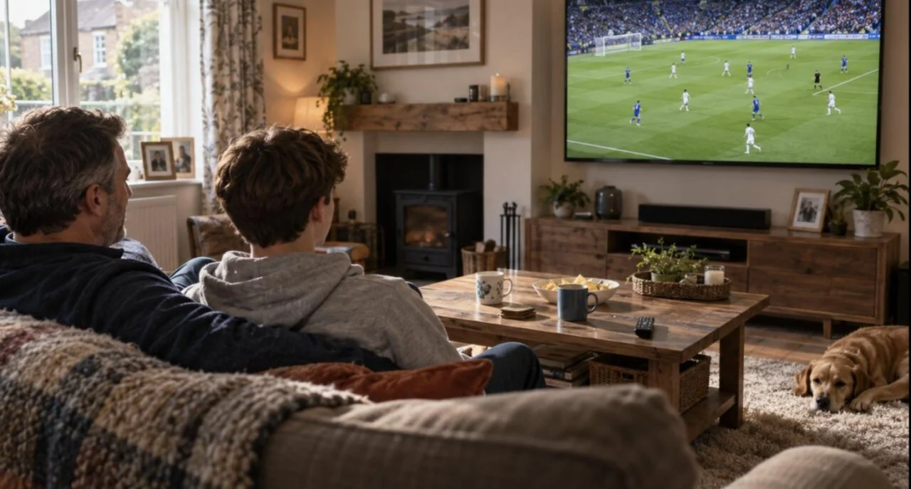 Father and son watching a live game through an IPTV service from Canada on a wall-mounted TV