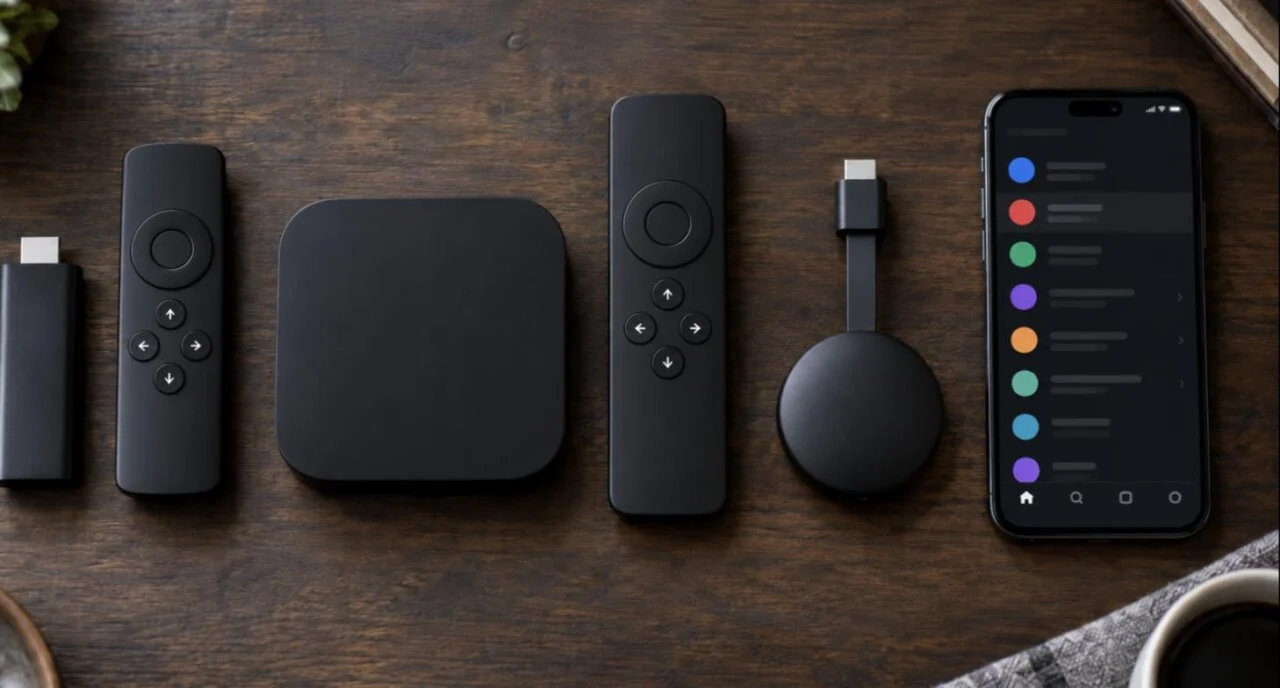 Devices that run an IPTV player: streaming stick, Android TV box, streaming dongle and a phone with a channel list