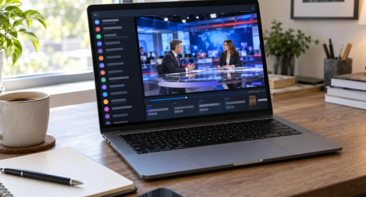 IPTV player desktop app on a laptop with a channel list and live news