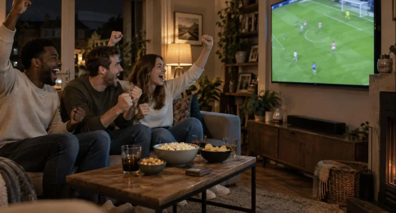 Friends celebrating while watching live sports through IPTV in a living room