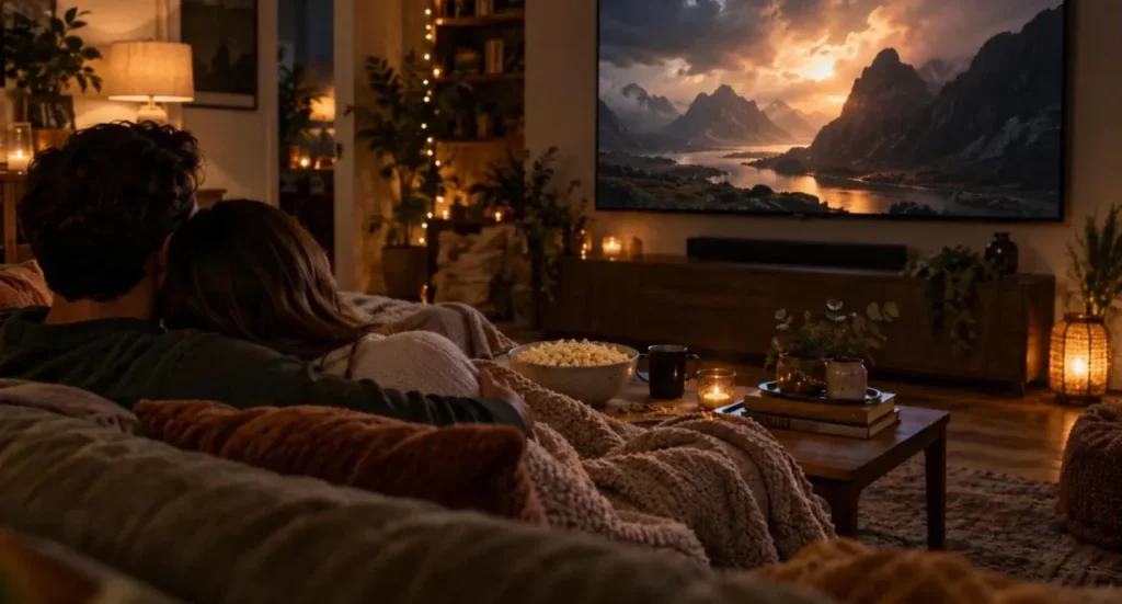 Couple watching a 4K film on IPTV UK during a cosy movie night at home