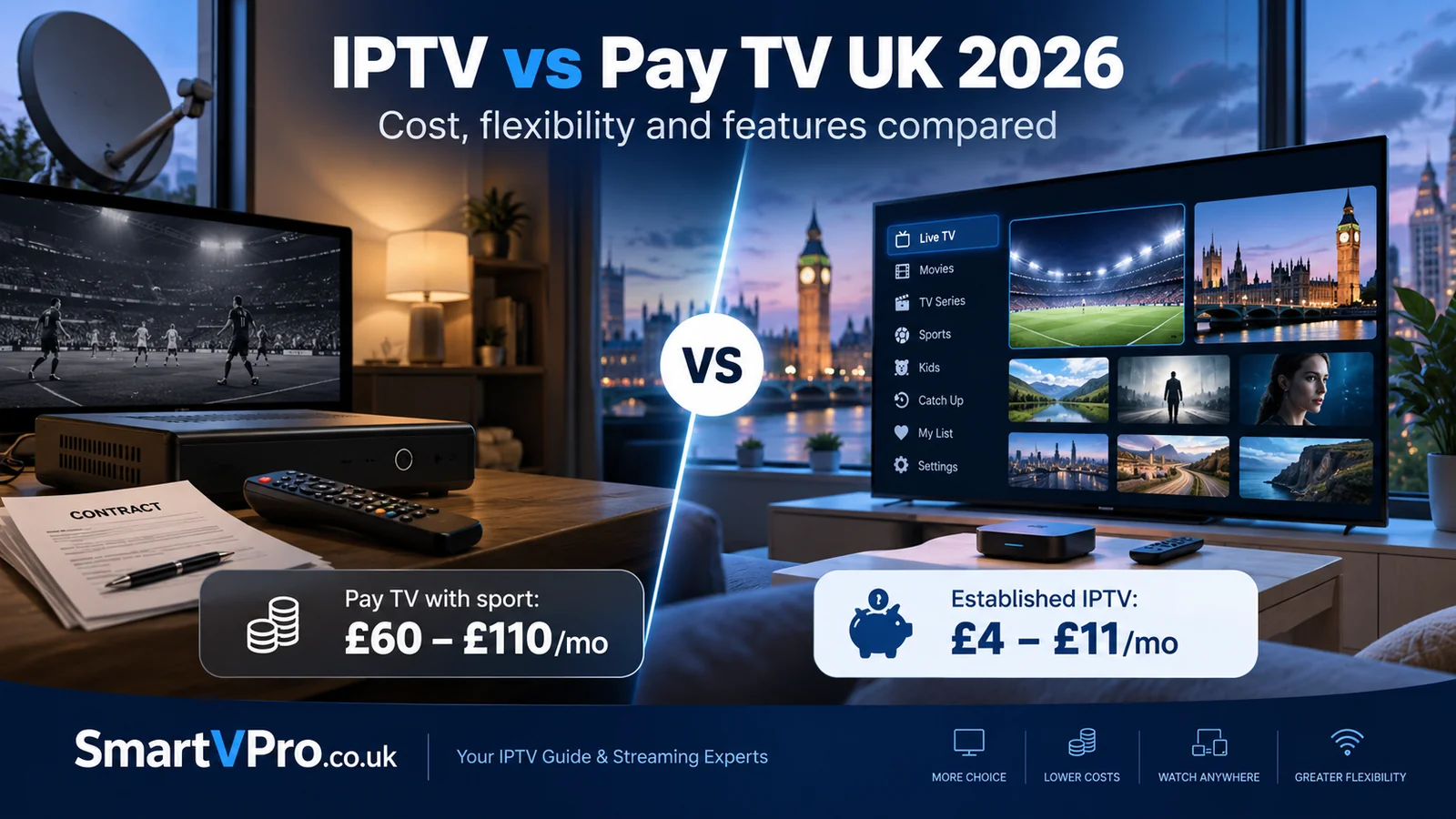IPTV vs Pay TV UK 2026 comparison showing cost, flexibility and viewing options