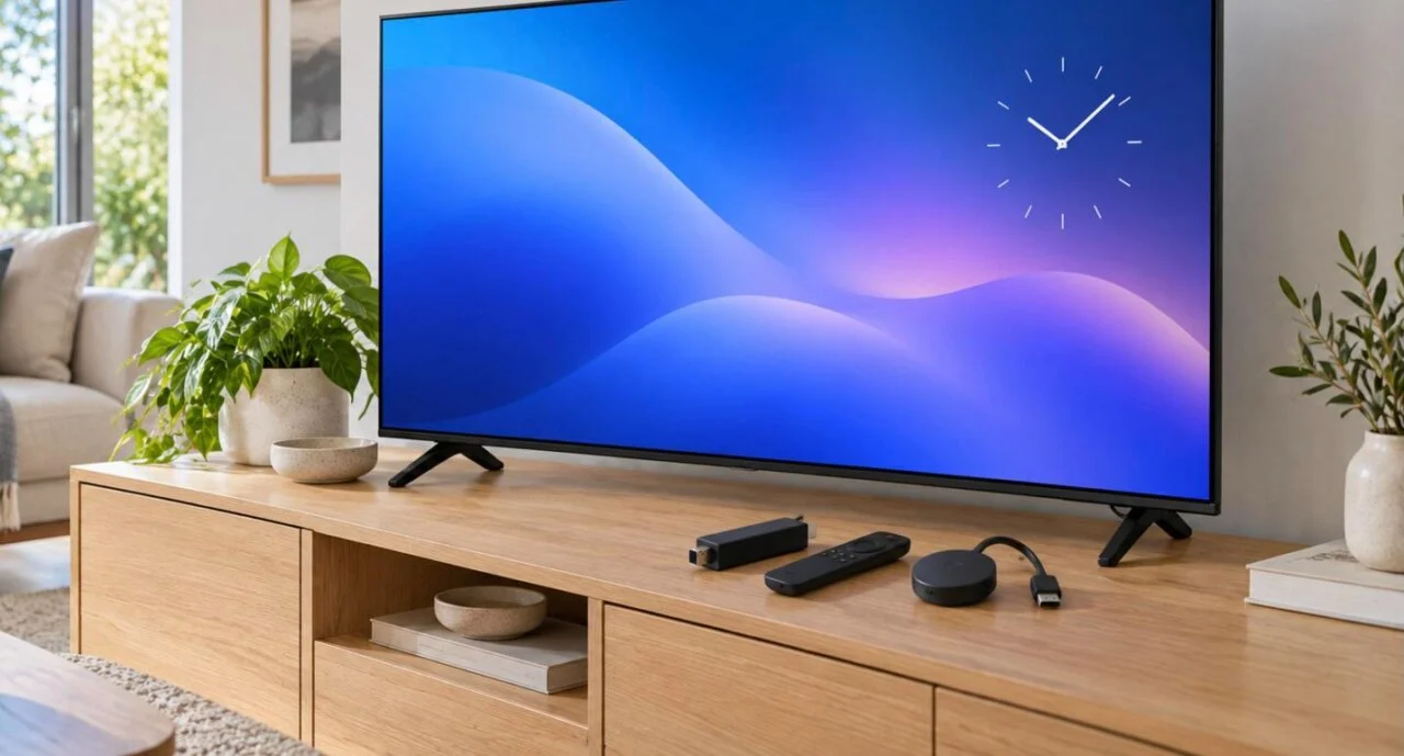 Devices that run TiviMate IPTV: a streaming stick with remote and a round streaming dongle in front of a TV