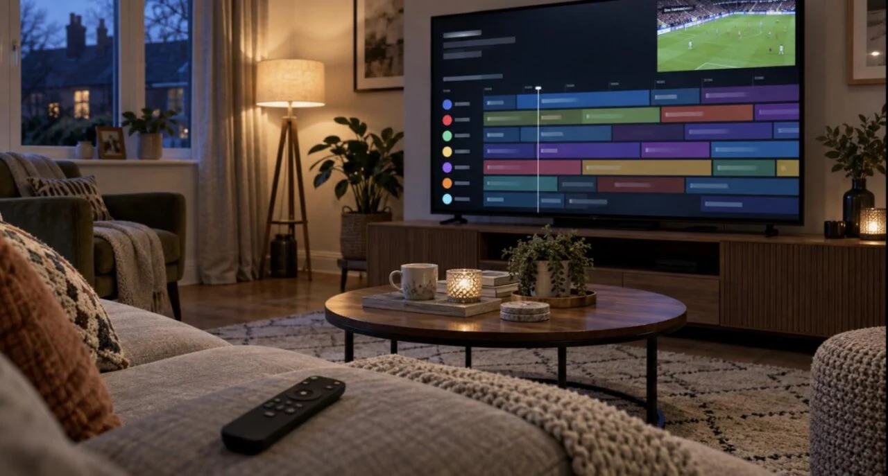 TiviMate IPTV programme guide on a living-room TV with a football preview window