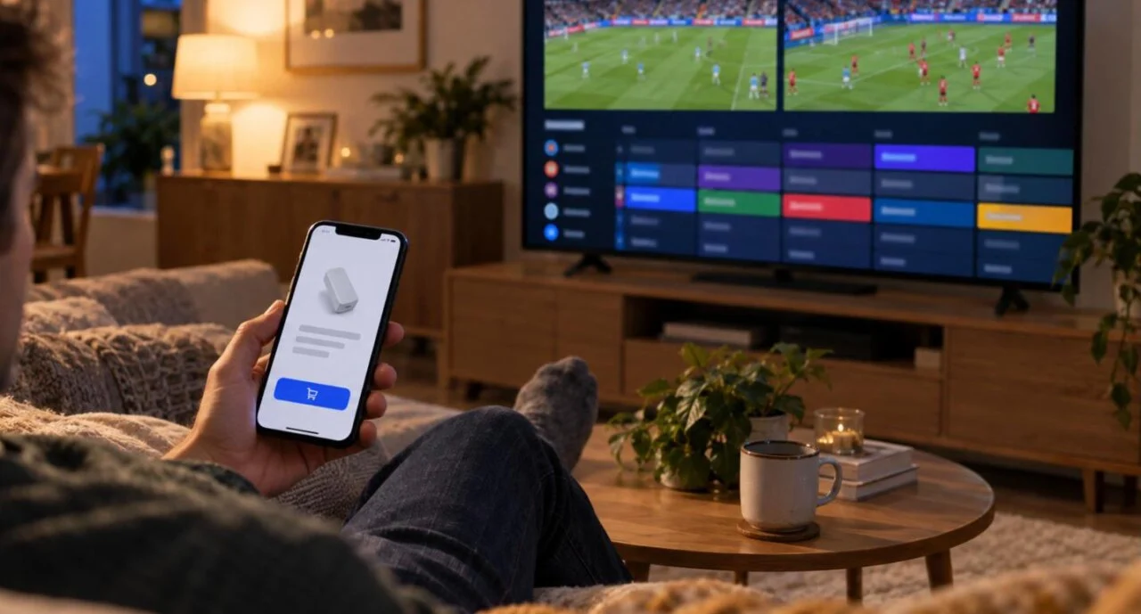 Buying TiviMate Premium in the Companion app on a phone while the TV shows multi-view sports and the TiviMate IPTV guide